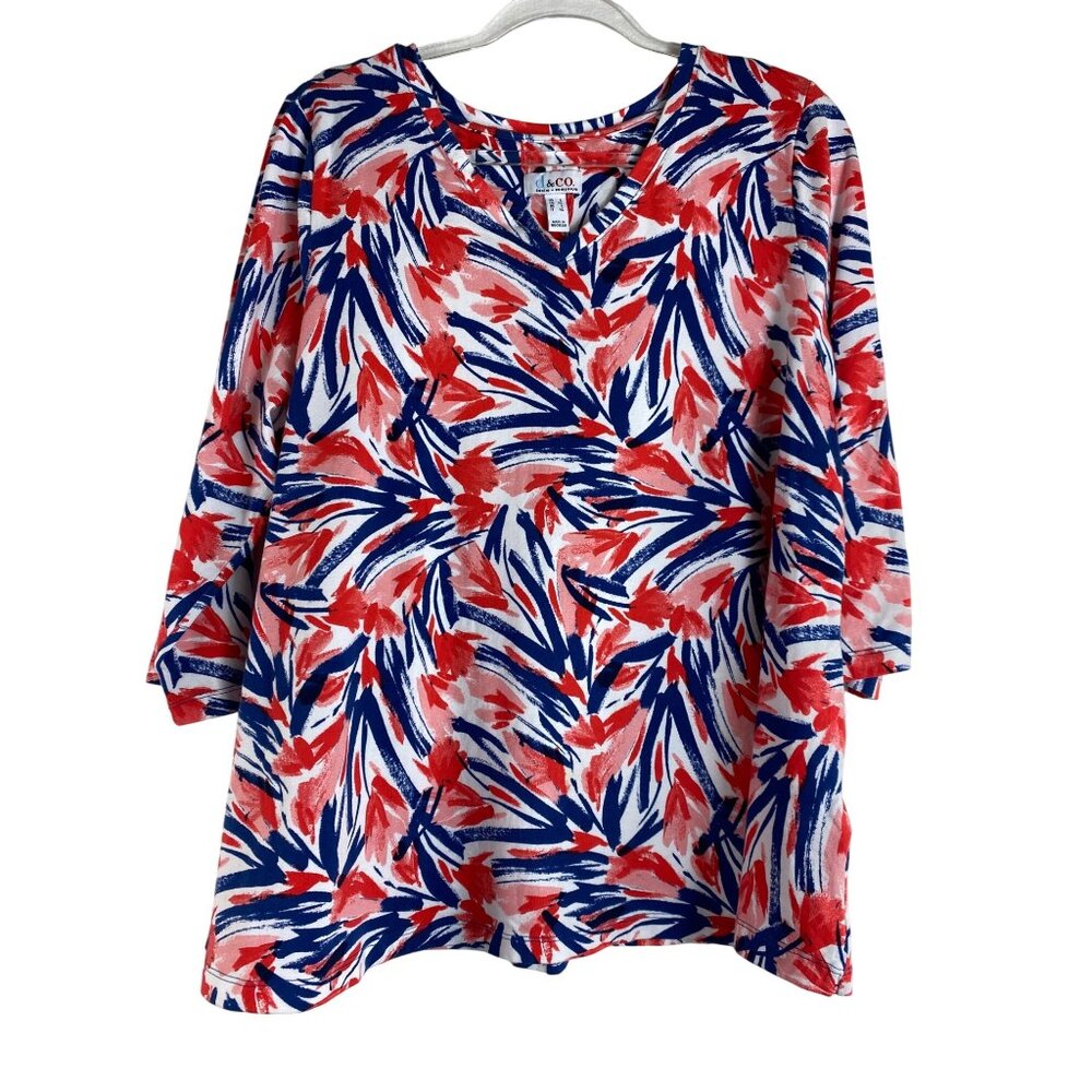 D&co Red White Blue Soft Stretch Top Blouse Tee Shirt Large USA Casual Art‎ Cute